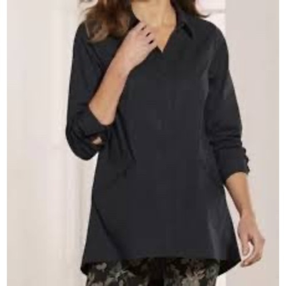 Soft Surroundings‎ Size M Black Cotton Blend Button Front Tunic Shirt (F607)
